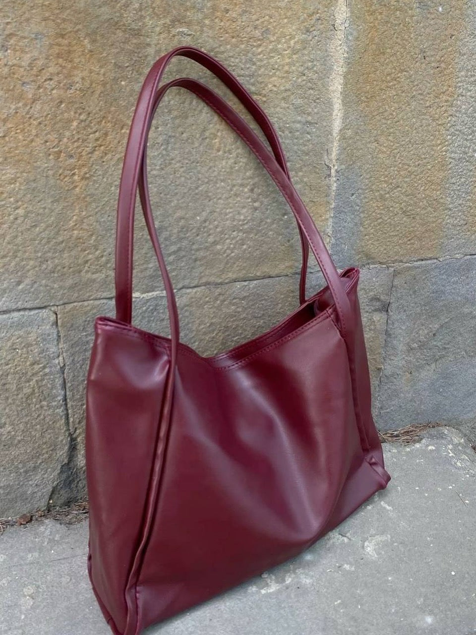 Large Capacity Leather Tote Bag - Burgundy