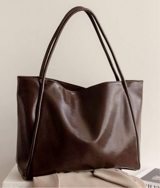 Large Capacity Leather Tote Bag - Brown
