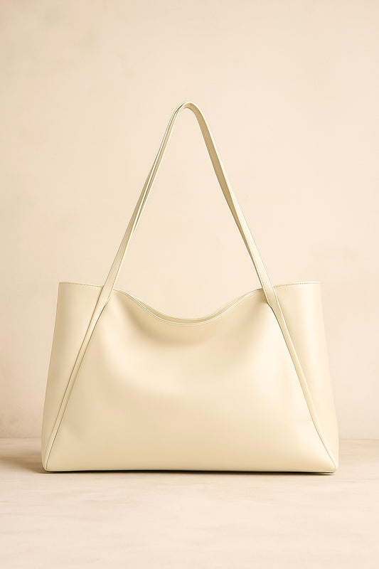 Large Capacity Leather Tote Bag - Beige